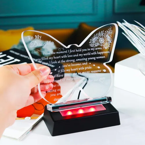 Miniatura 5 de YWHL Regalo para mi Hija de Papá Mamá, Mejores Regalos de Cumpleaños para Hija Adulta, Recuerdo de Vidrio en Forma de Mariposa con Base de Luz