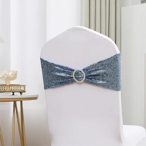 Miniatura 4 de Paquete de 50 bandas de lentejuelas color azul polvoriento para sillas de boda, lazos para fiestas, banquetes de cumpleaños, aniversario, eventos al
