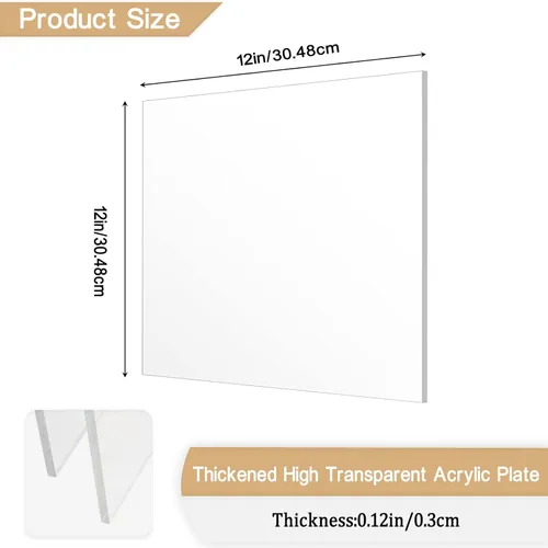 Miniatura 2 de 2 piezas de hojas de acrílico de 1/8 pulgadas de grosor (3 mm) transparentes, plexiglás fundido claro de 12” x 12” con papel protector
