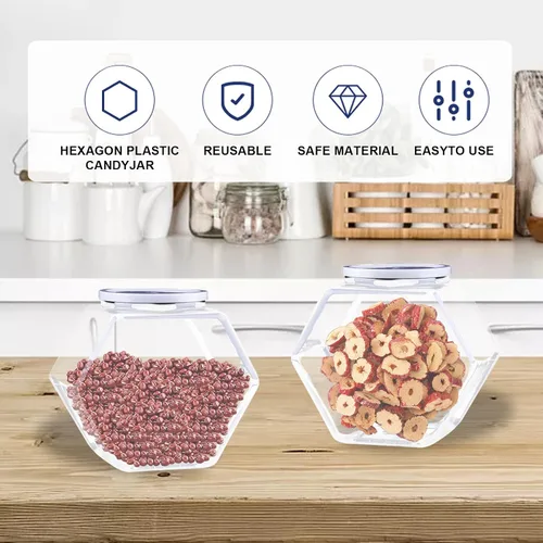 Miniatura 7 de 12 tarros hexagonales de plástico transparente de 30 onzas, tarros de galletas de plástico con tapas herméticas, recipientes reutilizables de boca