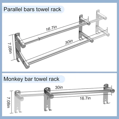 Miniatura 5 de Toallero de doble barra, acero inoxidable ajustable de 16 a 28 pulgadas, toallero doble para baño, aplicable a baños y cocinas