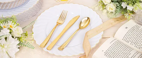 Miniatura 9 de YOUBET 125 platos de plástico blanco con borde dorado, platos dorados desechables con cubiertos dorados, incluyen 25 platos llanos, 25 platos