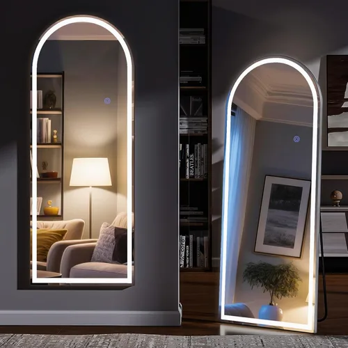 Miniatura 12 de Espejo LED de longitud completa, 30 x 71 pulgadas, espejo de cuerpo completo de vidrio templado con atenuación e iluminación de 3 colores de pie