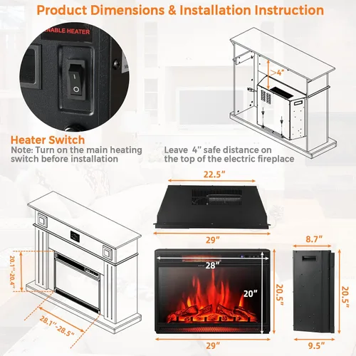 Miniatura 4 de Tangkula Chimenea eléctrica empotrada de 28 pulgadas, calentador de chimenea de 900/1350 W con temperatura ajustable, función de temporizador, 3