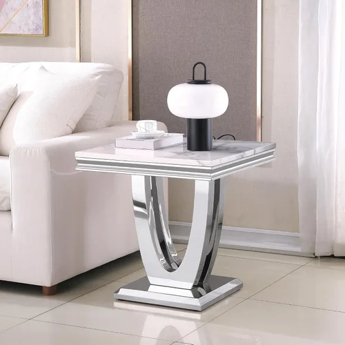 Miniatura 56 de SSLine Mesa de Centro Rectangular de Mármol Sintético para Sala de Estar, Mesa Central Moderna de Mármol Blanco de Lujo con Base Doble en Forma de U