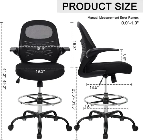 Miniatura 2 de HYLONE Silla de dibujo alta de oficina con reposabrazos abatibles, silla ergonómica para computadora con soporte lumbar, reposapiés ajustable, Marrón