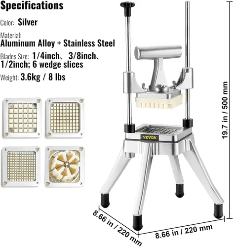 Miniatura 8 de VEVOR Picador comercial de frutas y verduras, cortador de patatas fritas de acero inoxidable con 4 cuchillas de 1/4 pulgadas 3/8 pulgadas 1/2