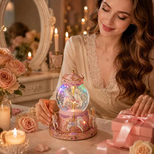 Miniatura 3 de Globo mágico de nieve de unicornio con música "Somewhere Over the Rainbow", caja de música de carrusel giratorio, luces LED y nieve con purpurina