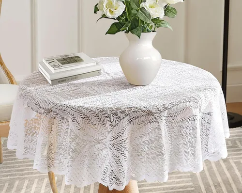 Miniatura 9 de Warm Home Designs Mantel de encaje dorado de lino, mantel redondo pequeño de 48 pulgadas de diámetro. Mantel floral, superposición rústica o mantel
