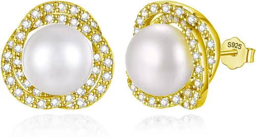Real Pearl Earrings for Women 925 Sterling Silver Pearl Stud Earrings Freshwater Cultured Pearl Studs with Cubic Zirconia for Girls Mother