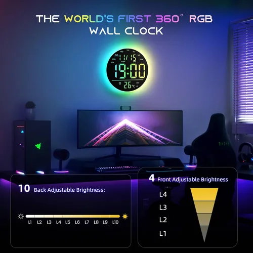 Miniatura 2 de EASYERA Reloj de pared digital grande de 10 pulgadas con control remoto, sincronización de música, luz de atmósfera RGB, baja reflectancia
