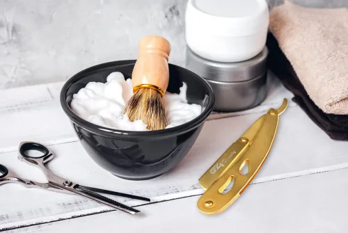 Miniatura 4 de G4 Maquinilla de afeitar profesional de borde recto para hombres con 100 cuchillas derby reemplazables para barbero Dorado