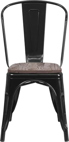 Miniatura 5 de EMMA + OLIVER Silla apilable de metal negro con asiento de madera