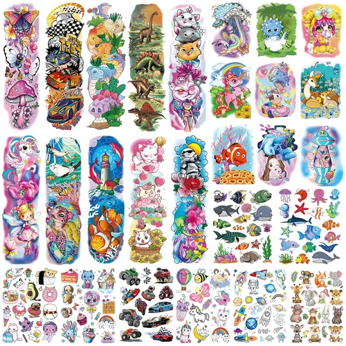 Tazimi 380 estilos (27 hojas) tatuaje temporal completo y medio brazo tatuajes mangas vida marina nave espacial carreras coche bosque animales