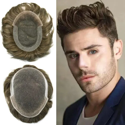 Miniatura 29 de Toupee para hombre, encaje suizo frontal, nudos blanqueados, línea capilar natural, sistemas de reemplazo de cabello humano tipo tupé, piezas hechas