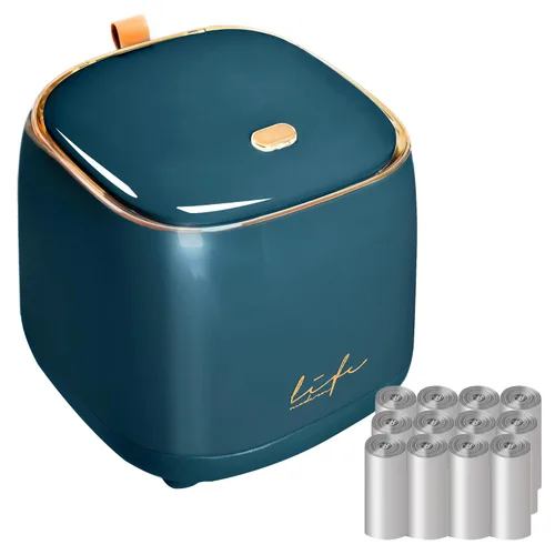 Miniatura 8 de Mini bote de basura para encimera con 10 rollos de bolsas de basura, bote de basura con tapa tipo prensa, papelera de escritorio aplicable