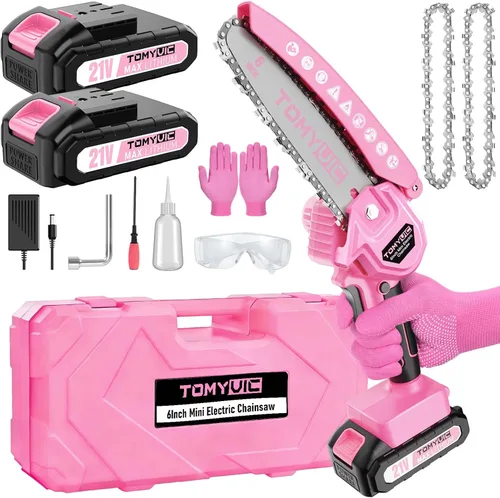 Mini motosierra de 6 pulgadas alimentada por batería - Rosa motosierra eléctrica inalámbrica de mano con 2 baterías recargables - Motosierras de