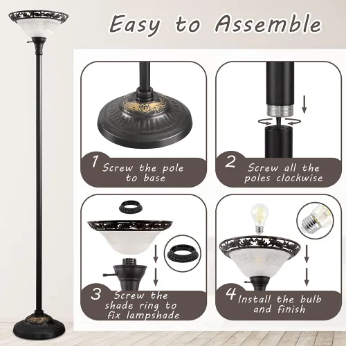 Miniatura 6 de Luvkczc Lámpara de pie victoriana, elegante lámpara de pie de 70 pulgadas con pantalla de cristal de alabastro, poste de metal y base pesada