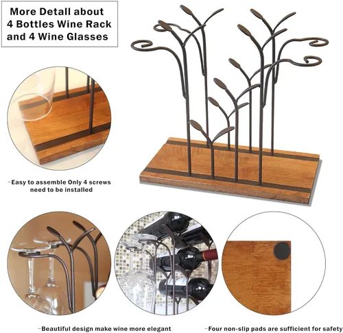 Miniatura 3 de Soporte de madera para vino de mesa, estante de vino de encimera, capacidad para 4 botellas de vino y 4 vasos, perfecto para decoración del hogar