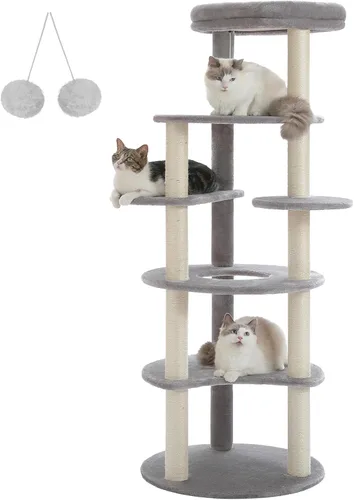 Miniatura 9 de PETEPELA Torre de Árbol de Gato de Madera para Gatos de Interior, Árbol de Escalada de Gato de 5 Niveles, Casa de Juego para Gatos con Postes