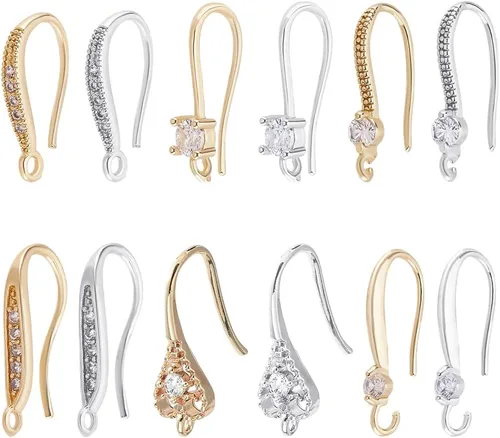 Miniatura 14 de Beebeecraft 10 piezas/caja - Ganchos para pendientes chapados en oro de 18 quilates con circonita cúbica, ganchos franceses con circón en rhinestone