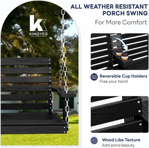Miniatura 39 de KINGYES Columpio colgante para porche al aire libre, silla de columpio de patio de 2 asientos con portavasos, banco impermeable para patio y jardín