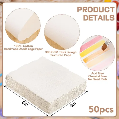 Miniatura 2 de 50 hojas de papel para acuarela de 4 x 6 pulgadas, 300 g/m², papel de borde deshilachado, papel hecho a mano, papel de algodón para acuarelas
