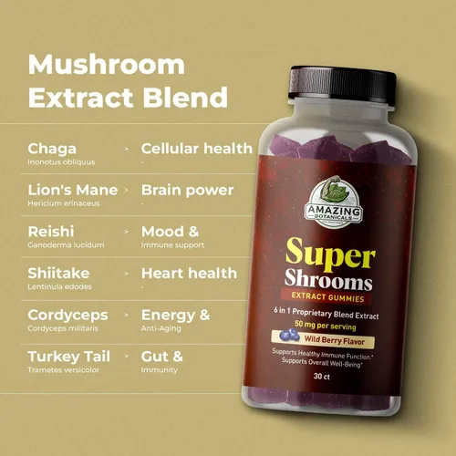 Miniatura 4 de Suplemento orgánico de hongos 6 en 1 Super Shrooms - Energía, memoria, enfoque y salud cerebral - Melena de león, Reishi, Chaga, Cordyceps y más