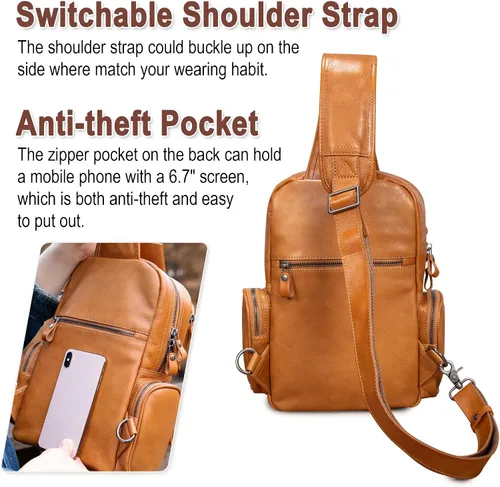 Miniatura 6 de CENUNCO Bolso bandolera de cuero genuino para hombre, mochila cruzada, casual, senderismo, motocicleta, bolsa de pecho antirrobo, bolso de viaje