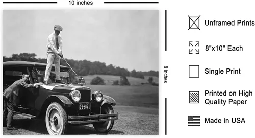 Miniatura 2 de Poster Master Póster vintage de golfista en la parte superior del auto antiguo, impresión deportiva retro, arte clásico para automóvil, arte