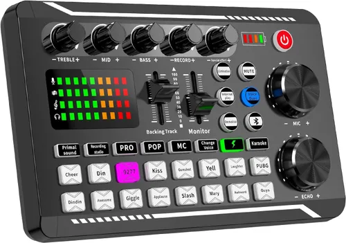 Miniatura 6 de Facmogu Mezclador de audio con tarjeta de sonido en vivo F998, interfaz de audio de podcast con efectos de mezclador de DJ, cambiador de voz