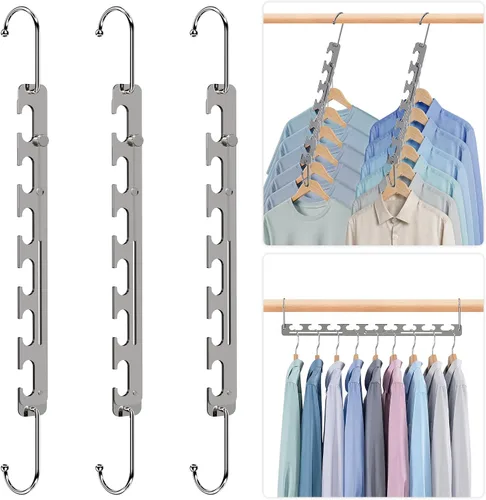 Paquete de 3 perchas que ahorran espacio para ropa, 6 a 9 agujeros expandibles de metal resistente, capacidad de 80 libras, colgador inteligente