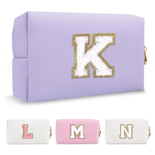 Miniatura 109 de Pequeña bolsa de maquillaje personalizada con inicial A-Z Preppy Patch, bolsa de cosméticos de viaje de felpilla blanca con cremallera, bonita bolsa