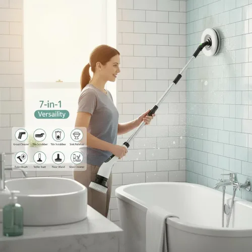 Miniatura 8 de Limpiador eléctrico inalámbrico giratorio – IPX7 impermeable, pantalla LCD, 8 cabezales de cepillo, mango de extensión ajustable, para ducha