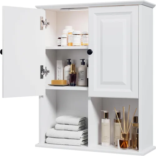 Miniatura 9 de HAIOOU Armario de pared de baño con luz LED con sensor de movimiento, armario de madera para medicamentos, armario de almacenamiento sobre inodoro