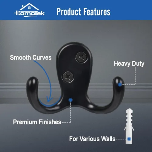 Miniatura 3 de HOMOTEK Paquete de 10 ganchos resistentes para colgar abrigos, montados en la pared, doble punta (izquierda y derecha) a prueba de óxido, accesorios