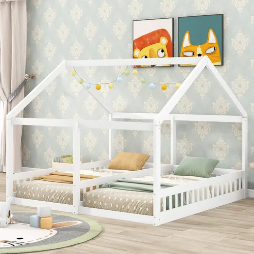 Miniatura 15 de Cama de metal de tamaño matrimonial con valla para niños, adolescentes, niñas, niños, cama de piso de casa, camas Montessori, se puede decorar marco
