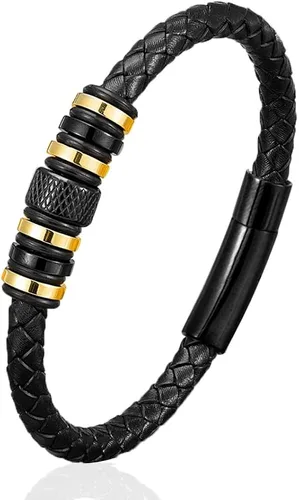 NAIQUBE Mens Leather Bracelet Stainless Steel Wristband Cuff Braided Leather Bracelet For Men Birthday Jewerly Gift 8.26 inch