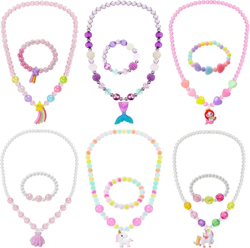 Sumind 6 juegos de joyas para niñas pequeñas, collar de cuentas y pulsera para disfraz, joyas, regalos de princesa para fiestas (estilo mágico)