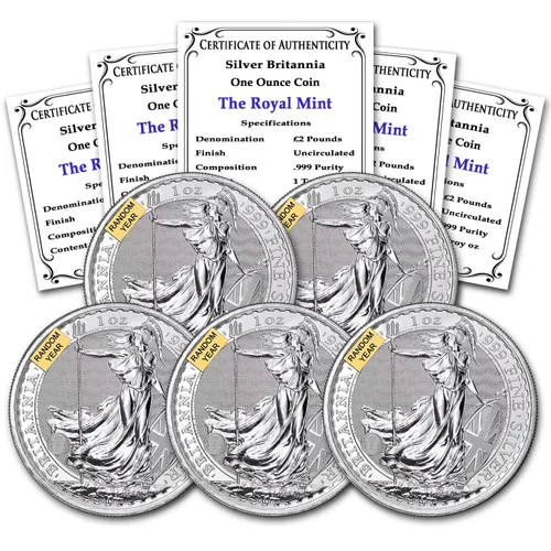 1997 - Presente (Año al azar) Lote de (5) Monedas Britannia de Plata de 1 oz Brillante Sin Circular con Certificado de Autenticidad £2 GBP Vendedor