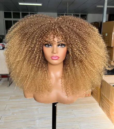 Miniatura 8 de Sweece - Peluca afro larga y rizada con flequillo para mujeres negras, peluca de cabello rizado de 17 pulgadas (17 pulgadas, negro)