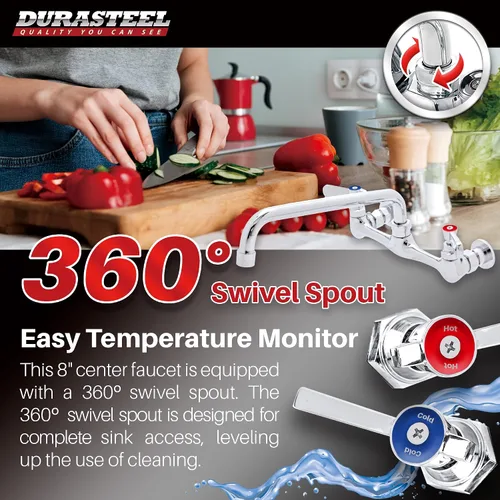 Miniatura 4 de DuraSteel Grifo de Fregadero de Cocina Comercial - Sin Plomo de 8" de Centro para Montaje en Pared, Grifo de Fregadero Utilitario con Caño Giratorio