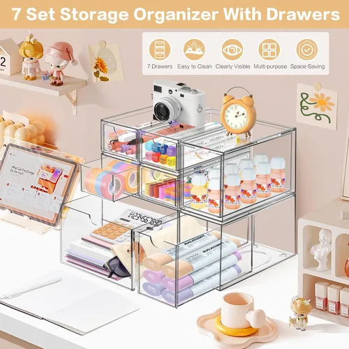 Miniatura 3 de Organizador de escritorio con 7 cajones, 7 paquetes de acrílico apilable, cajones de almacenamiento de escritorio, organizador de maquillaje, caja