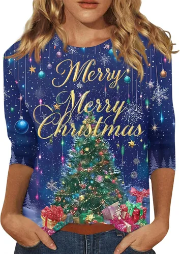 Miniatura 31 de Camisetas de manga 3/4 para mujer, cuello redondo, holgadas, casuales, con estampado floral, camisetas de moda para el trabajo de negocios