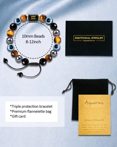 Miniatura 6 de Zodiac Triple Protection Bracelet Evil Eye Hematite Obsidian Tiger Eye Chakra Healing Crystal Bead for Men Women Good Luck Spiritual Jewelry