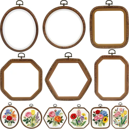 Qunclay 6 piezas de aro de bordado grande, marco decorativo de madera imitada, marco de exhibición circular, ovalado, octagonal, anillo de punto de