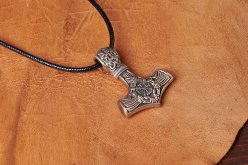 Miniatura 4 de Viking Thors Hammer Necklace Pendant - Vegvisir Aegishjalmur Helm of Awe Raven Huginn Muninn Pendant Necklace Amulet Talisman - Thor Necklace