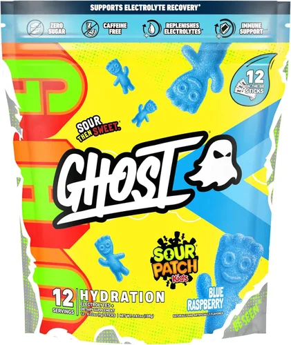 GHOST Paquetes de Hidratación, Sour Patch Kids Blue Raspberry, 12 Sobres, Polvo de Electrolitos - Suplemento en Polvo para Bebida con Magnesio,