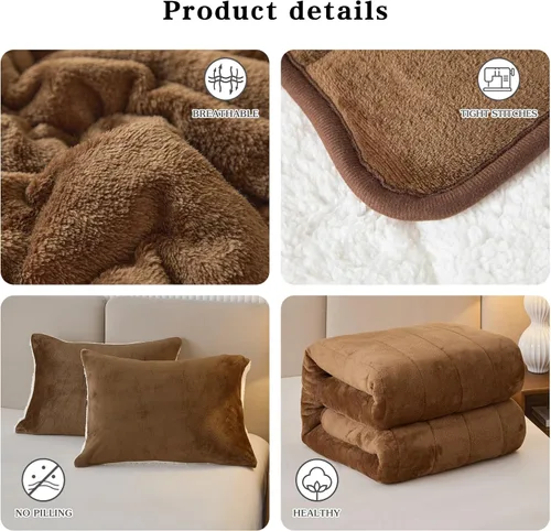 Miniatura 5 de Manta de cama gruesa de franela de lujo de 3 capas, tamaño individual, manta sherpa de terciopelo de felpa suave con 2 fundas de almohada, pesada