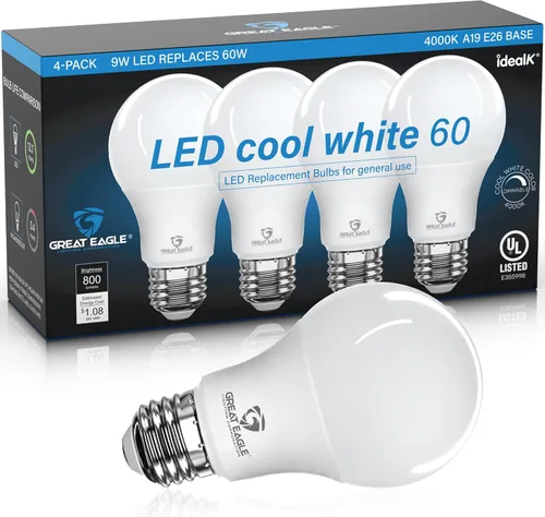 Miniatura 10 de Great Eagle - Bombilla LED A19, 9 W (equivalente a 60 W), certificación UL, luz diurna de 5000 K, regulable, repuesto estándar (paquete de 4)